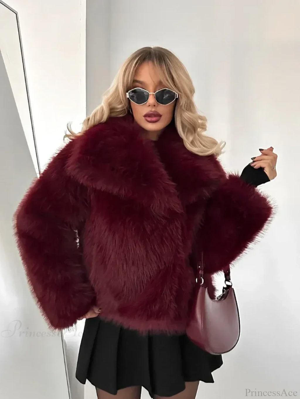 Burgundy Fluffy Lapel Short Coat image 2
