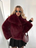 Burgundy Fluffy Lapel Short Coat image 2