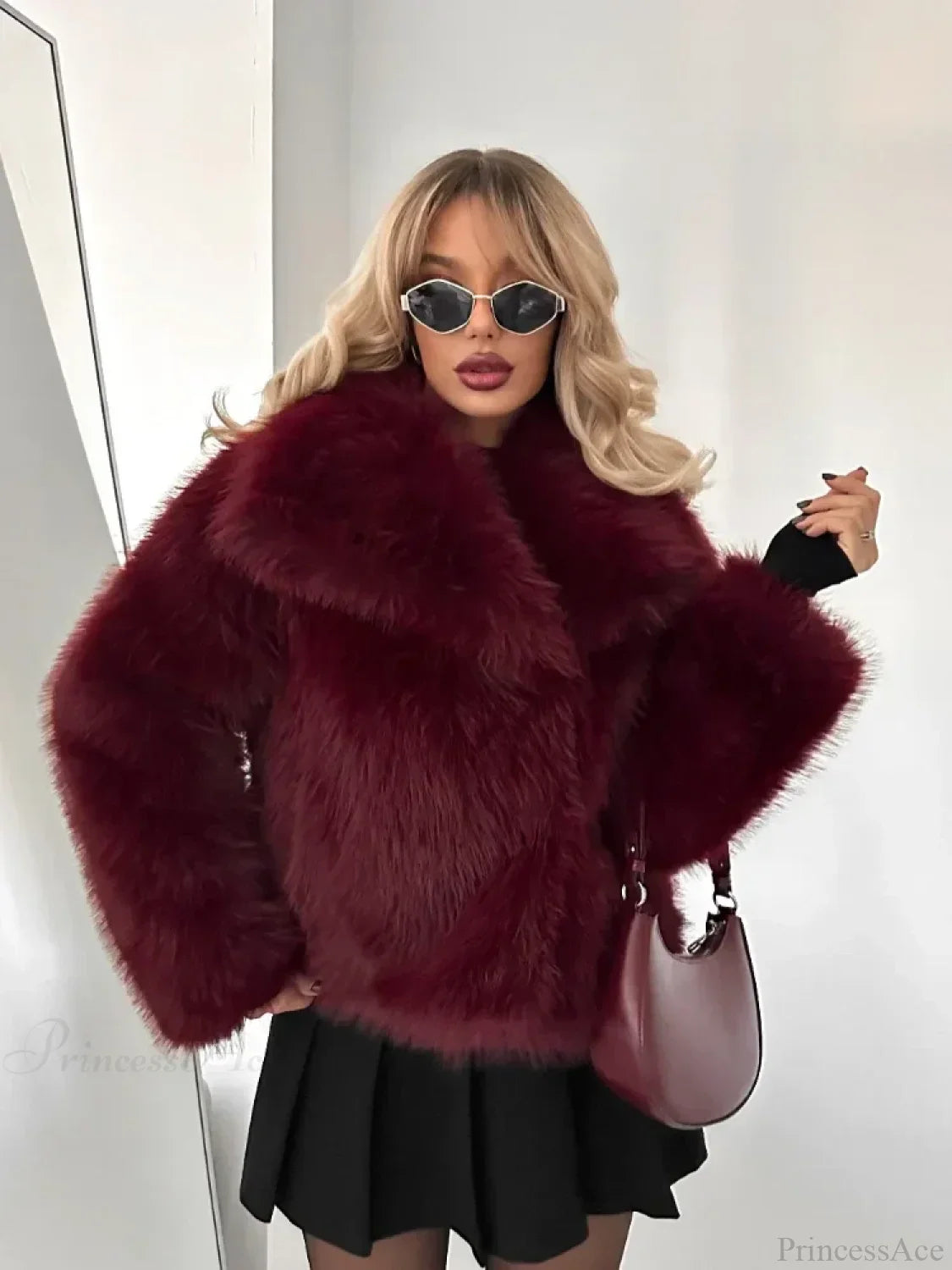 Burgundy Fluffy Lapel Short Coat image 2