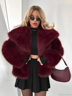 Burgundy Fluffy Lapel Short Coat image 1