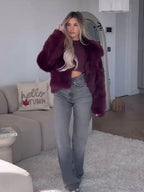 Burgundy Fluffy Turn-down Collar Coat image 3