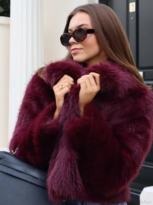 Burgundy Fluffy Turn-down Collar Coat image 2