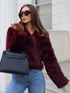 Burgundy Fluffy Turn-down Collar Coat image 1