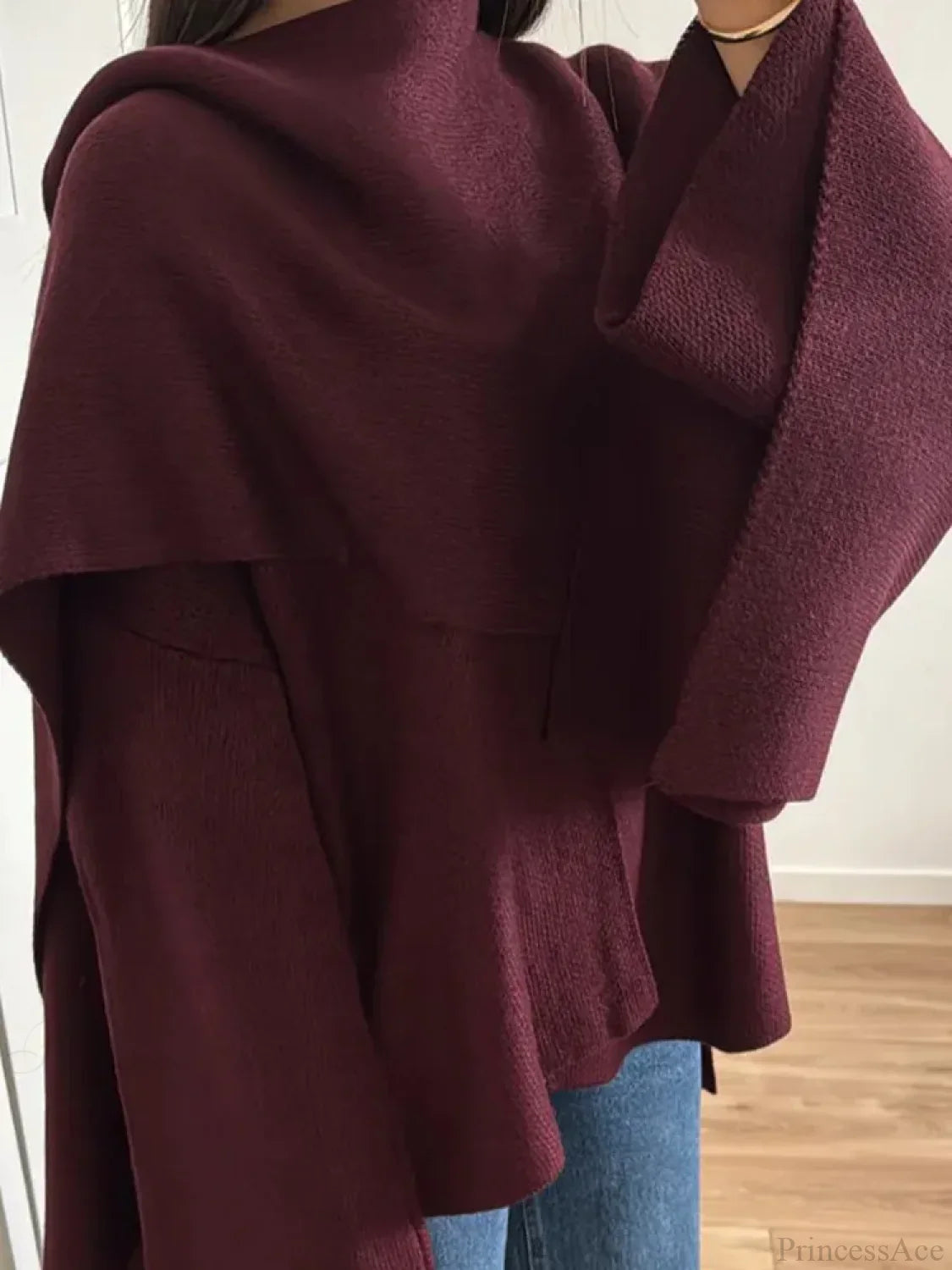 Burgundy Knit Jacket with Scarf Coat image 2