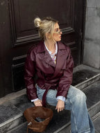 Burgundy Lapel Short Leather Coat image 3