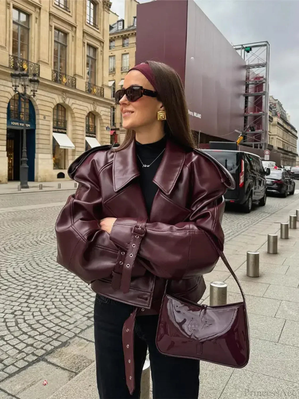 Burgundy Lapel Short Leather Coat image 5