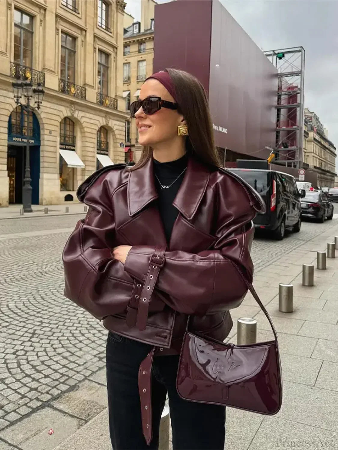 Burgundy Lapel Short Leather Coat image 5