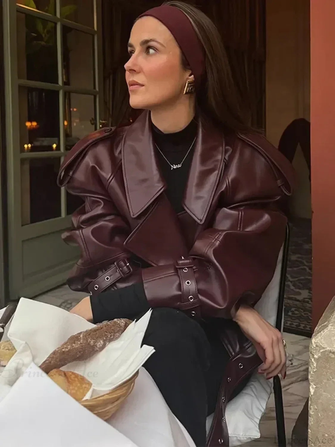 Burgundy Lapel Short Leather Coat image 6