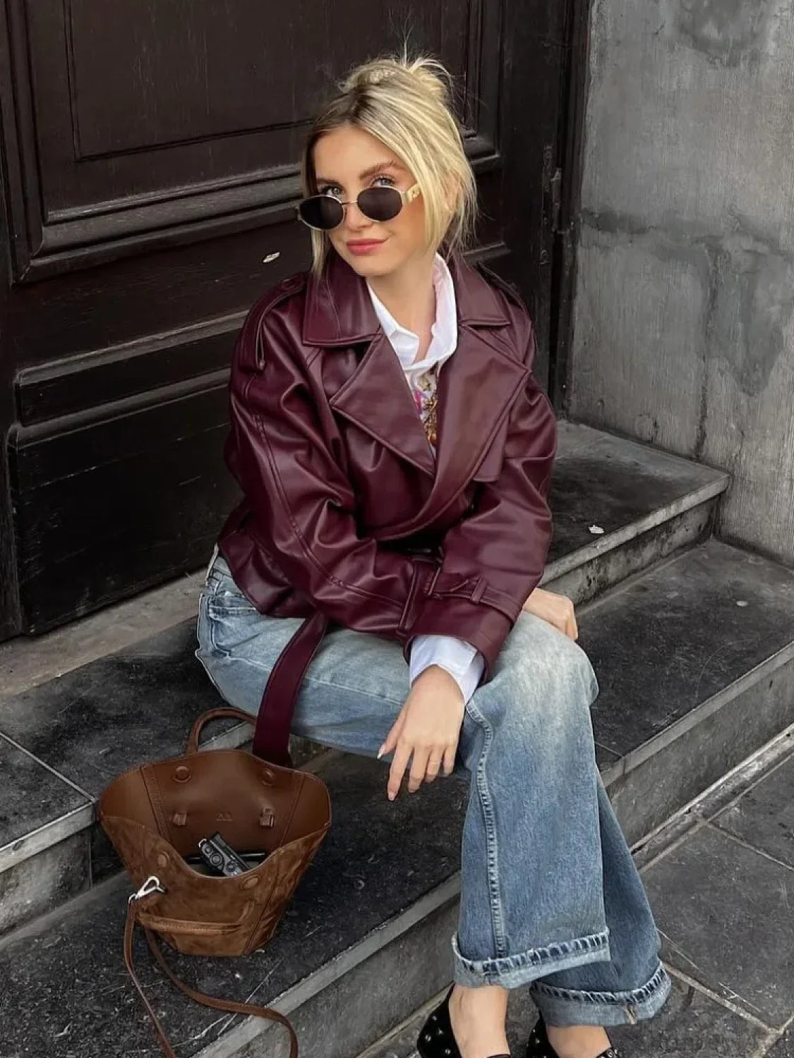 Burgundy Lapel Short Leather Coat image 4