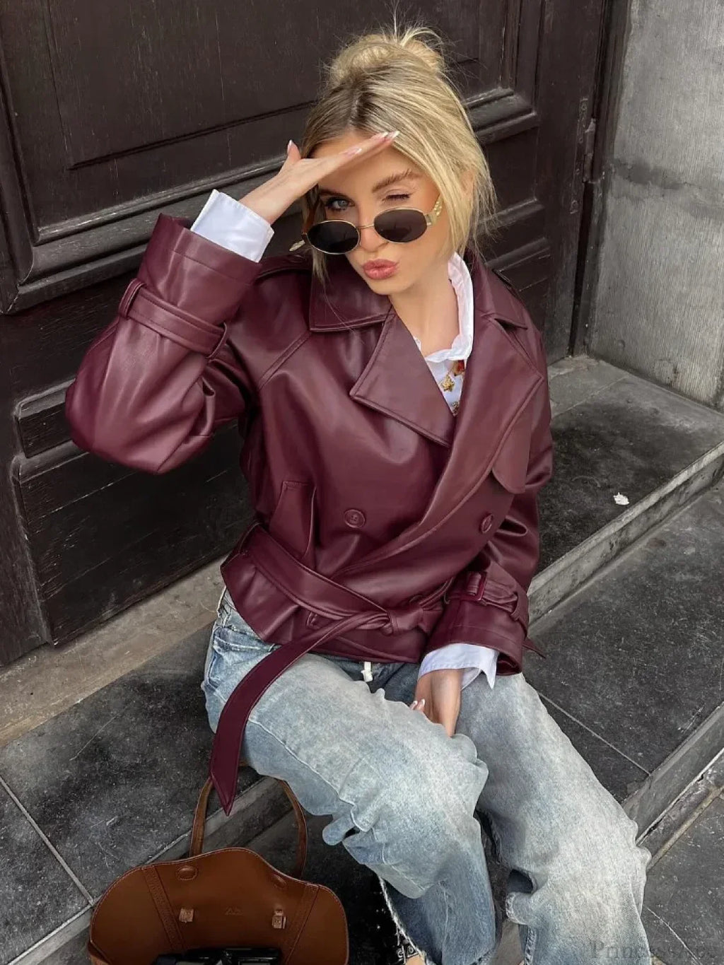 Burgundy Lapel Short Leather Coat image 1