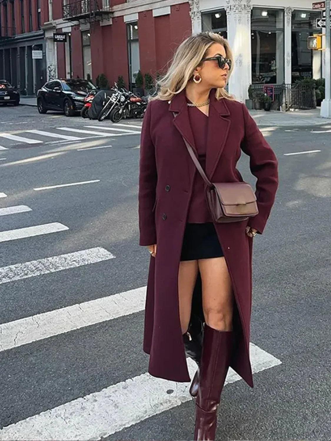 Burgundy Lapel Wool Blends Long Coat image 3