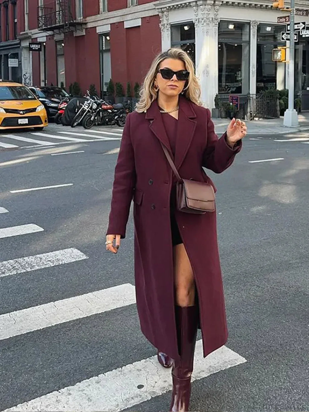 Burgundy Lapel Wool Blends Long Coat image 1