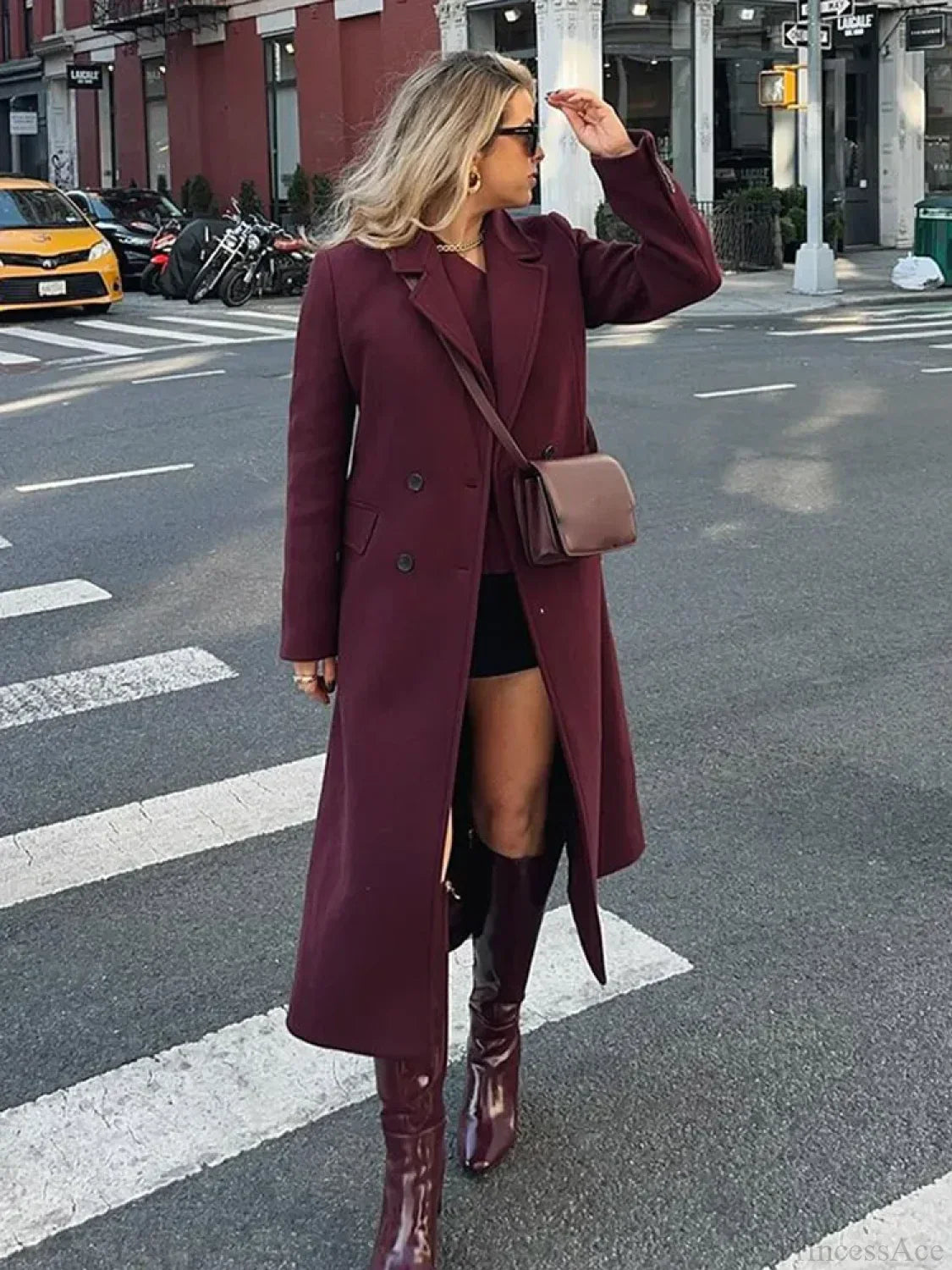 Burgundy Lapel Wool Blends Long Coat image 2