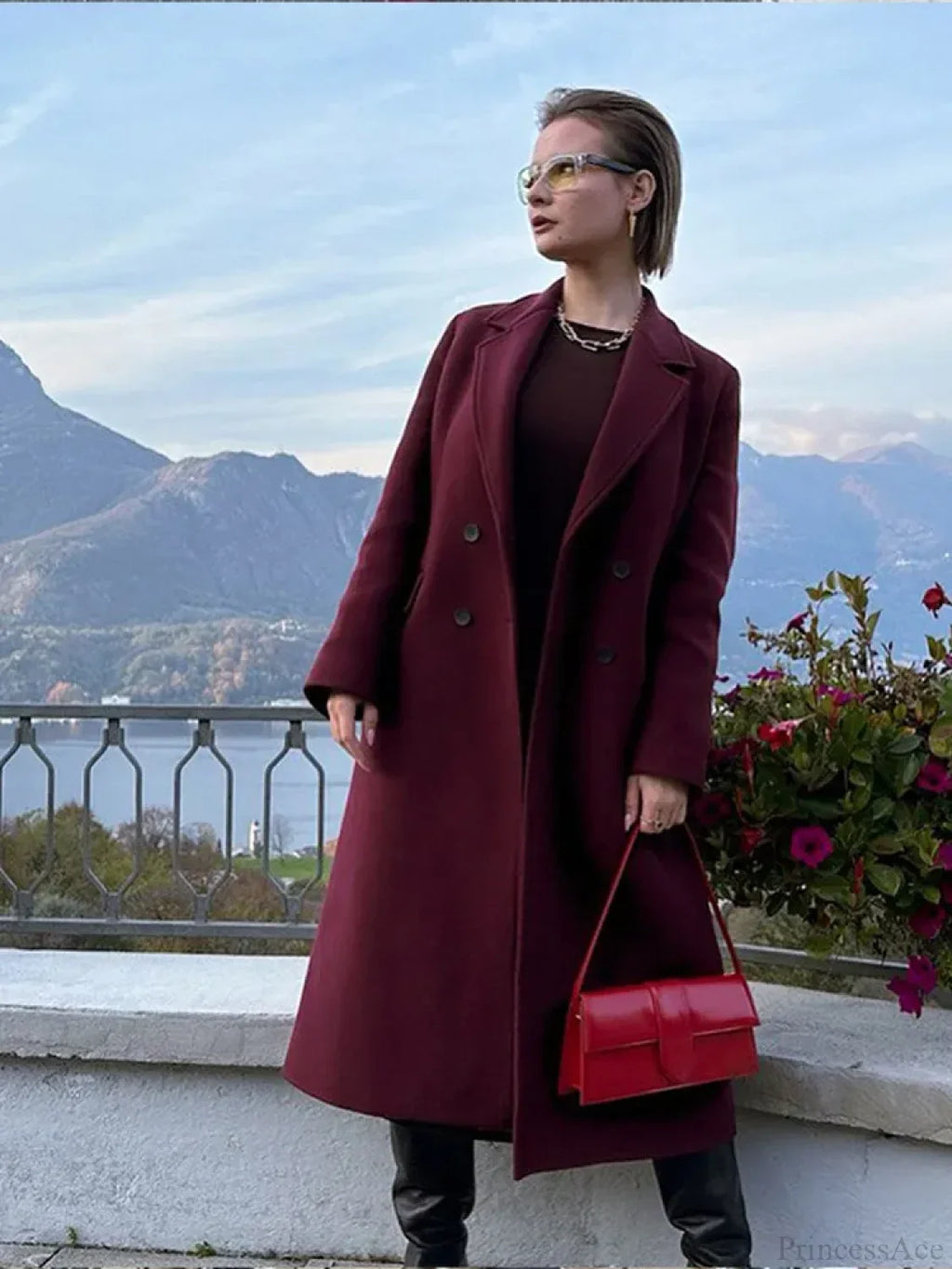 Burgundy Lapel Wool Blends Long Coat image 6