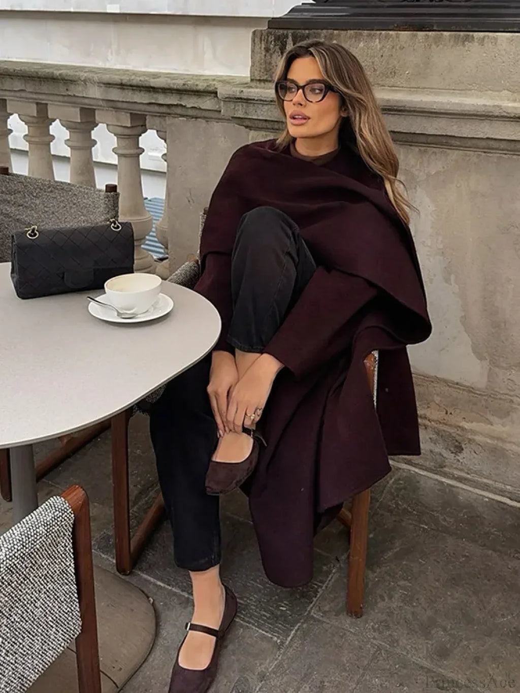 Burgundy Long Sleeve Scarf Wool Coat image 4