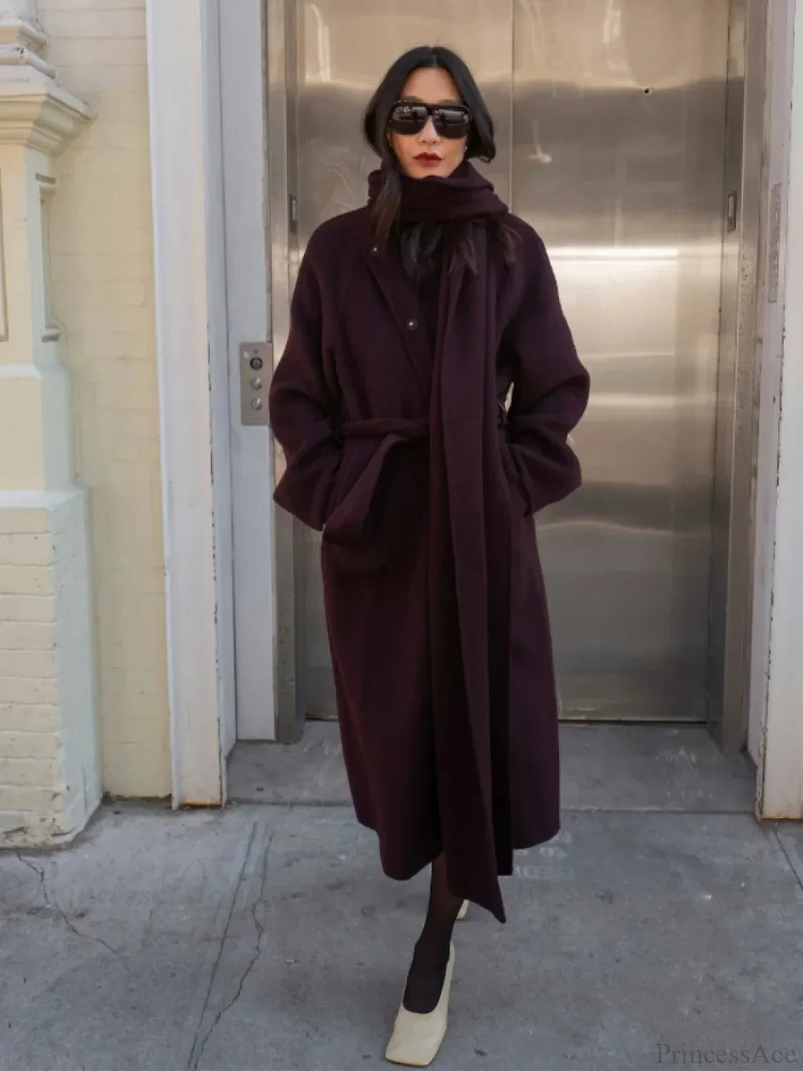 Burgundy Long Sleeve Scarf Wool Coat image 2