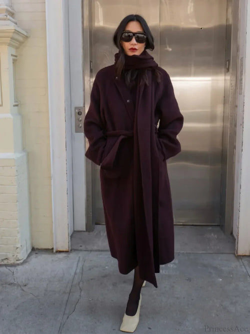 Burgundy Long Sleeve Scarf Wool Coat image 2