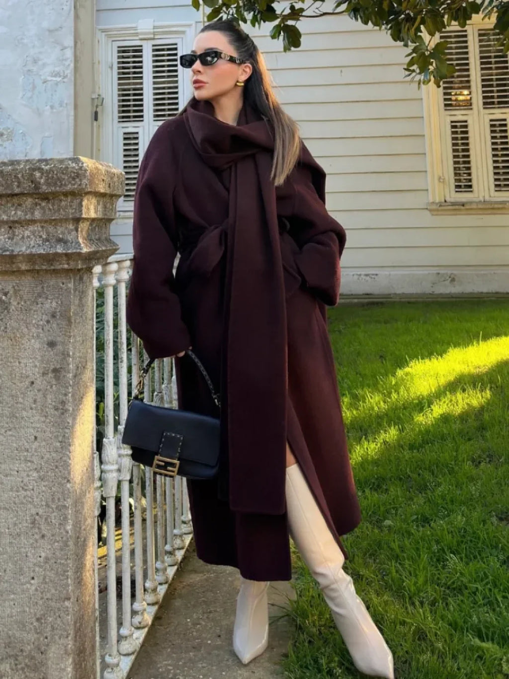 Burgundy Long Sleeve Scarf Wool Coat image 1