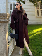 Burgundy Long Sleeve Scarf Wool Coat image 1