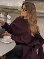 Burgundy Long Sleeve Scarf Wool Coat image 5