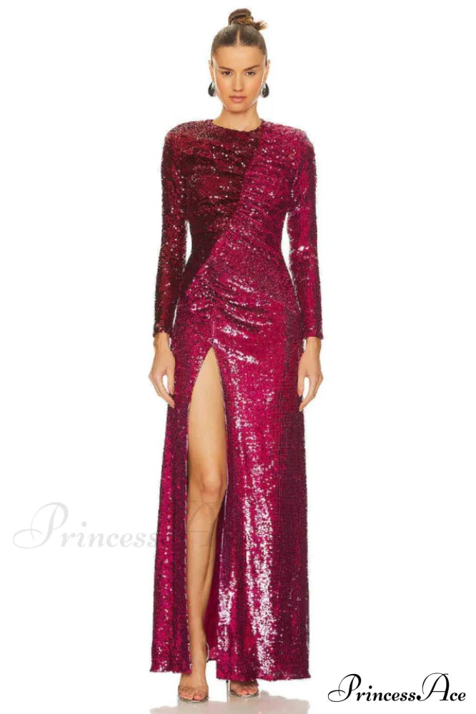 Burgundy Ruched Stylish Sequined Maxi Dress image 7