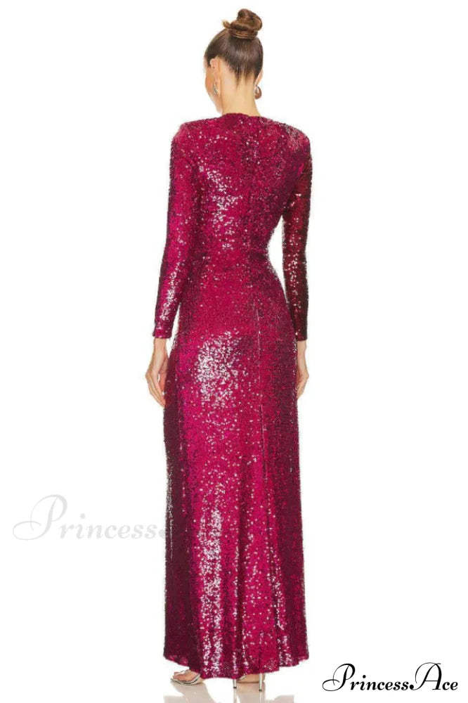 Burgundy Ruched Stylish Sequined Maxi Dress image 9