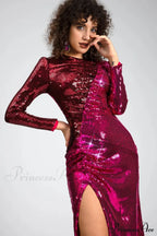 Burgundy Ruched Stylish Sequined Maxi Dress image 3