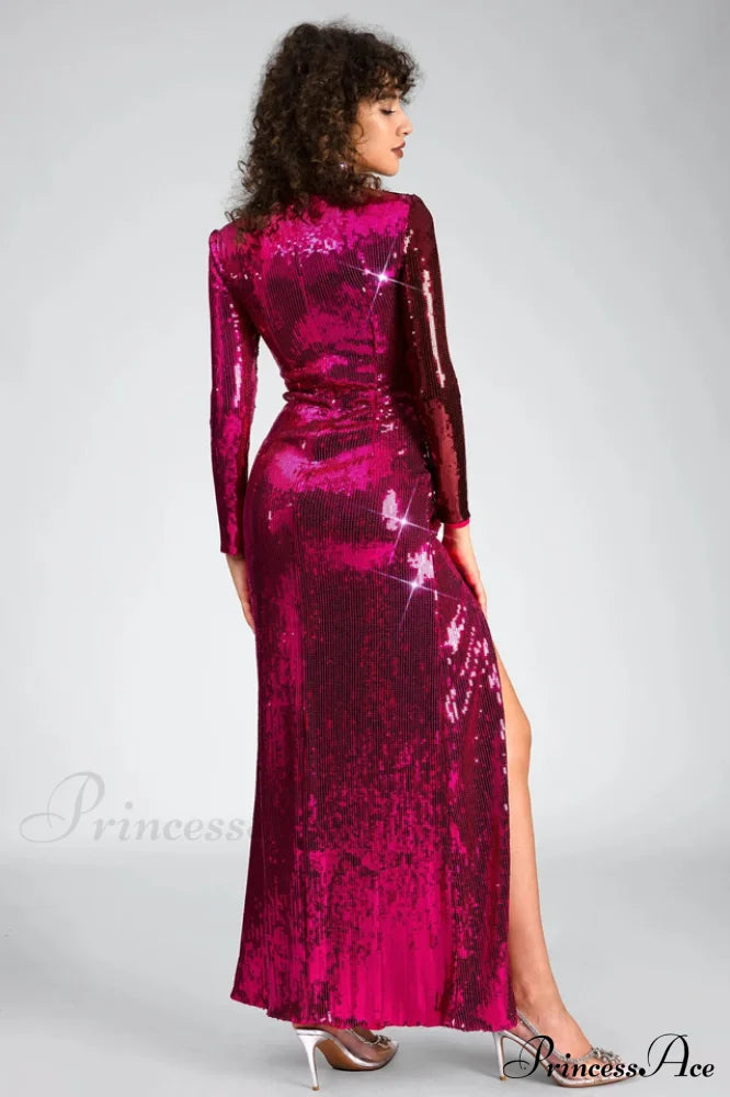 Burgundy Ruched Stylish Sequined Maxi Dress image 4