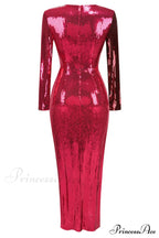 Burgundy Ruched Stylish Sequined Maxi Dress image 11