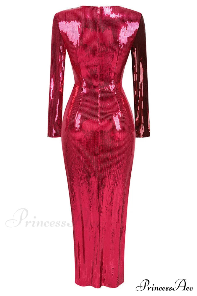 Burgundy Ruched Stylish Sequined Maxi Dress image 11