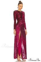 Burgundy Ruched Stylish Sequined Maxi Dress image 8