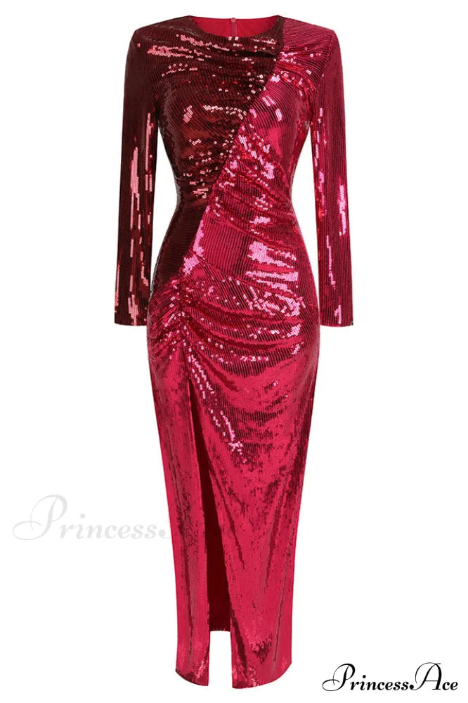 Burgundy Ruched Stylish Sequined Maxi Dress image 10