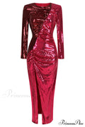 Burgundy Ruched Stylish Sequined Maxi Dress image 10