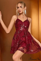 Burgundy Sequins Stylish Backless Mini Dress image 1