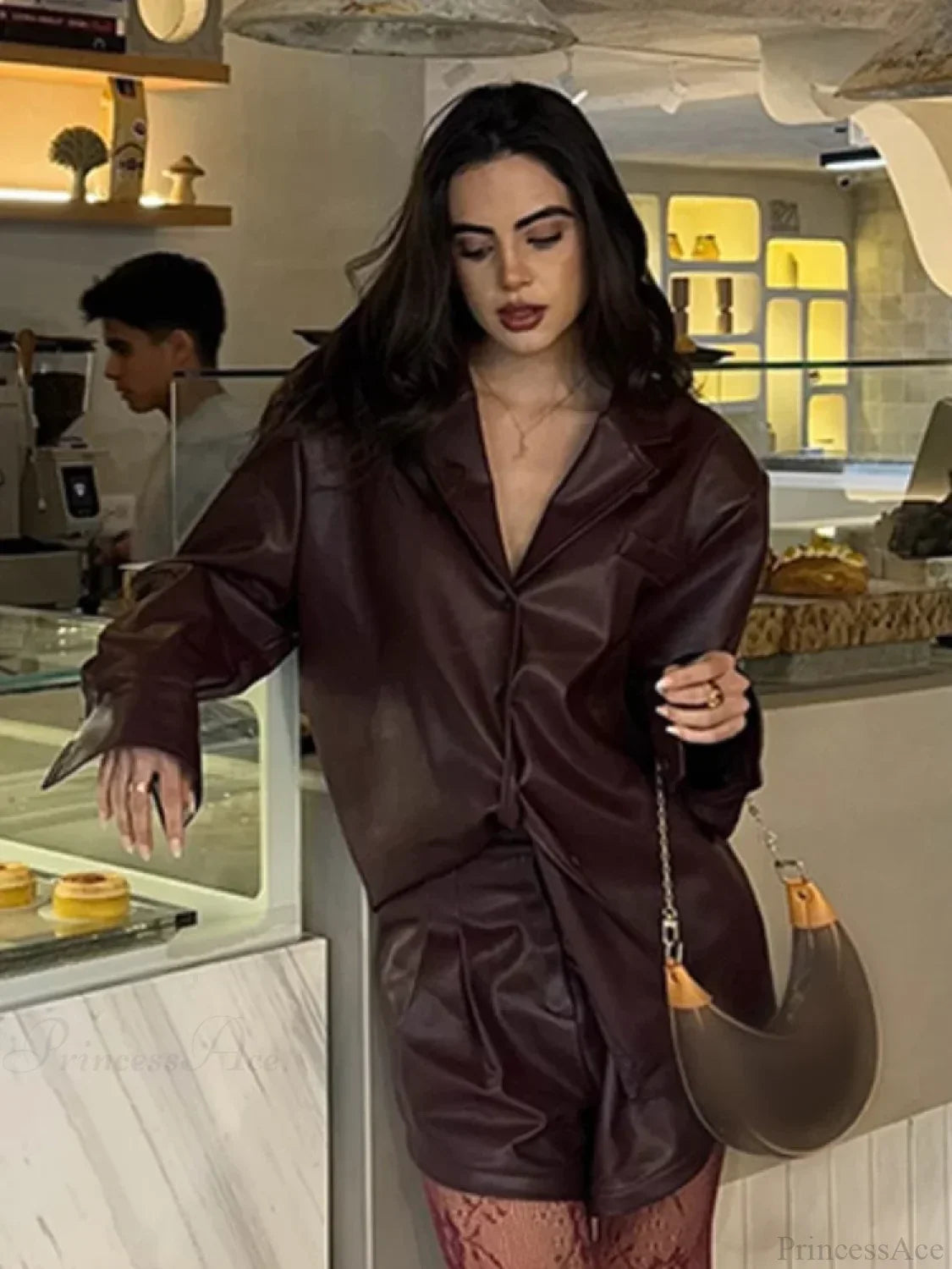 Burgundy Single Breasted PU Leather Coat image 1