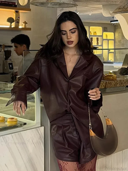 Burgundy Single Breasted PU Leather Coat image 1