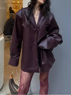 Burgundy Single Breasted PU Leather Coat image 2