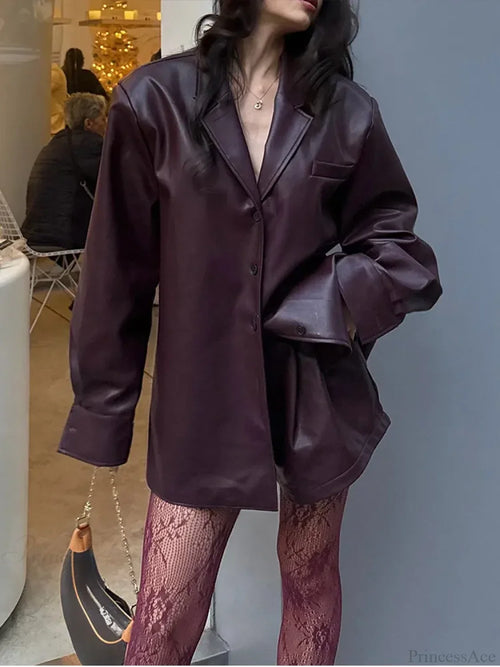 Burgundy Single Breasted PU Leather Coat image 2