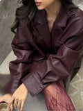 Burgundy Single Breasted PU Leather Coat image 3
