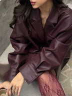Burgundy Single Breasted PU Leather Coat image 3
