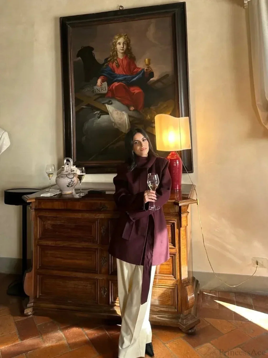 Burgundy Wool Blends Midi Coat image 4