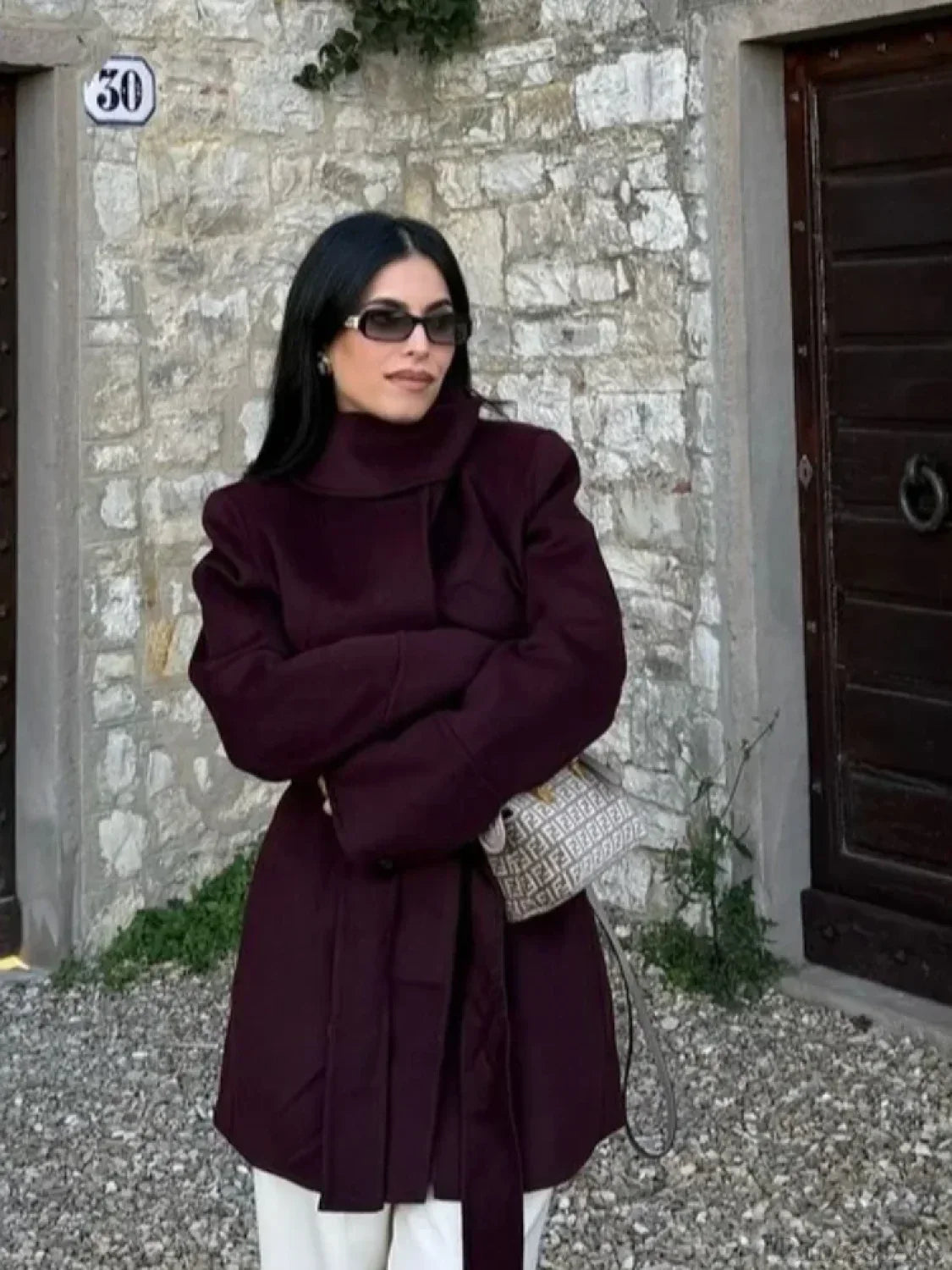 Burgundy Wool Blends Midi Coat image 1