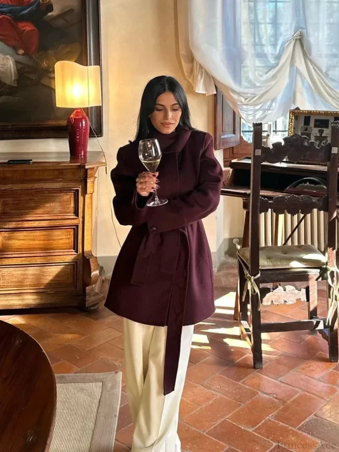 Burgundy Wool Blends Midi Coat image 3