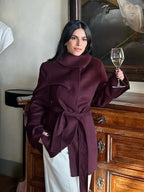 Burgundy Wool Blends Midi Coat image 5