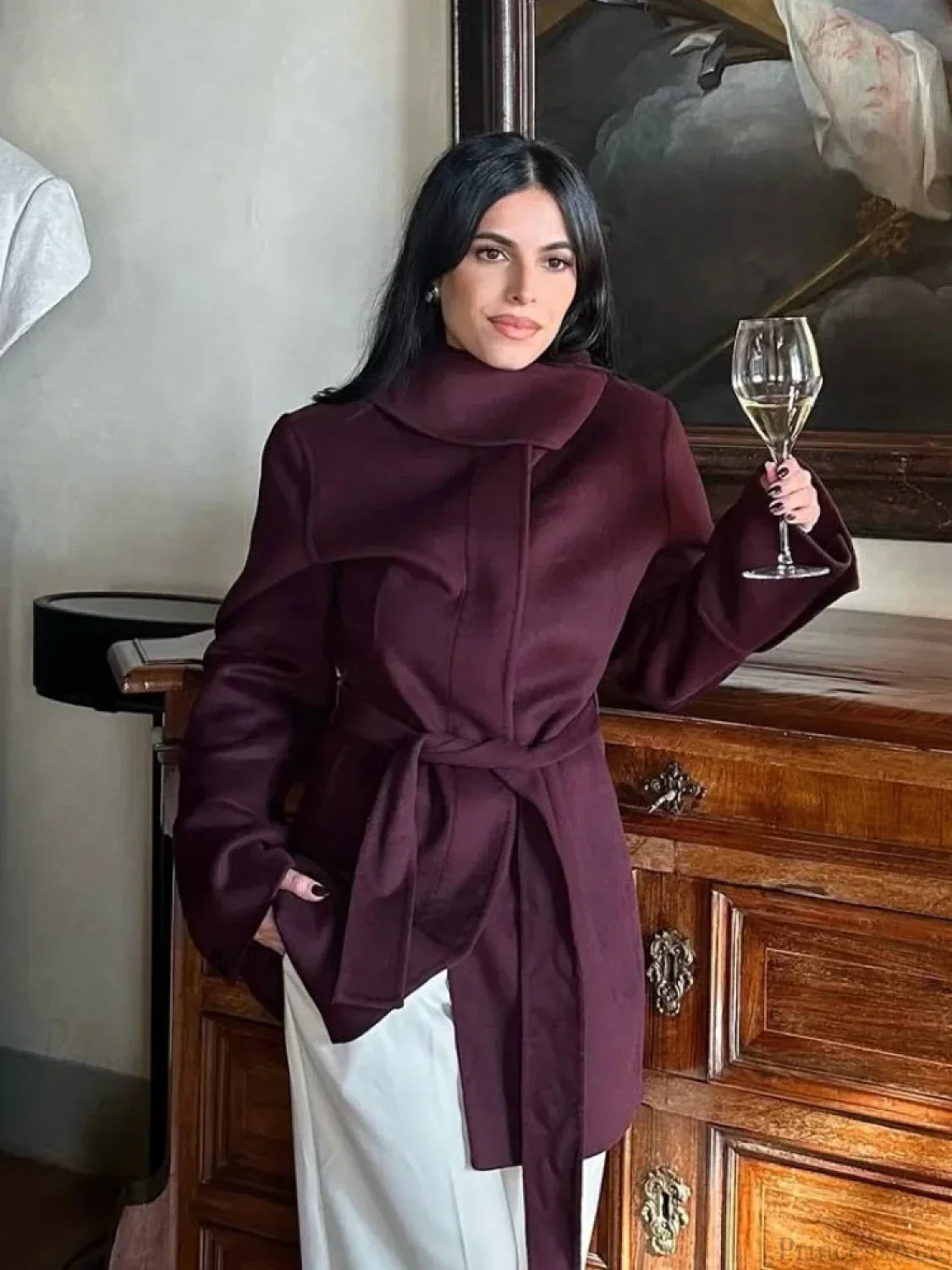 Burgundy Wool Blends Midi Coat image 5