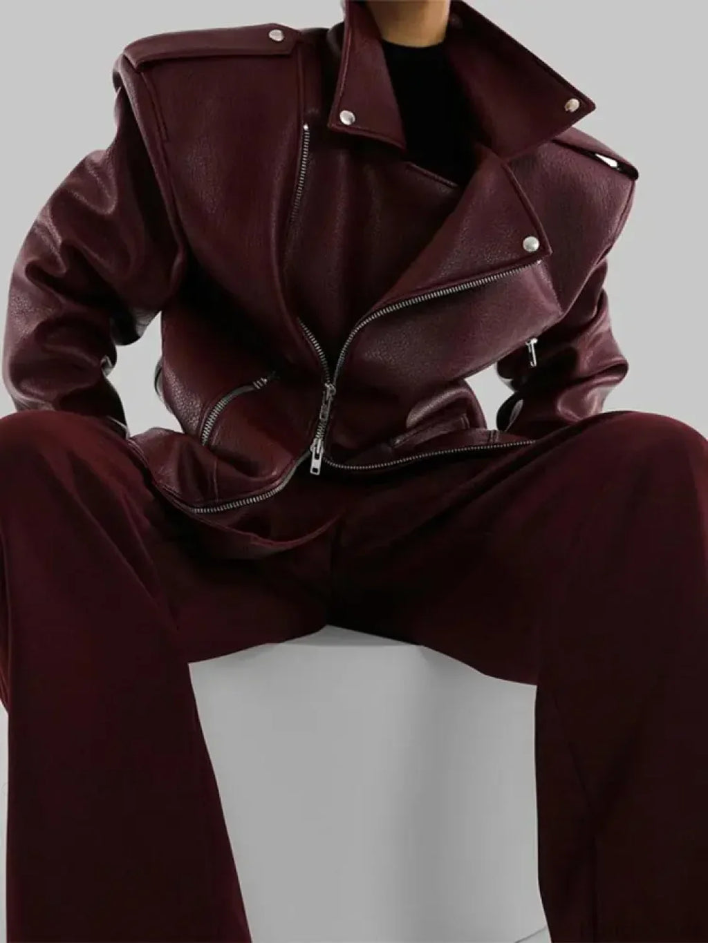 Burgundy Zipper Stand Collar Leather Coat image 6