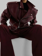 Burgundy Zipper Stand Collar Leather Coat image 6