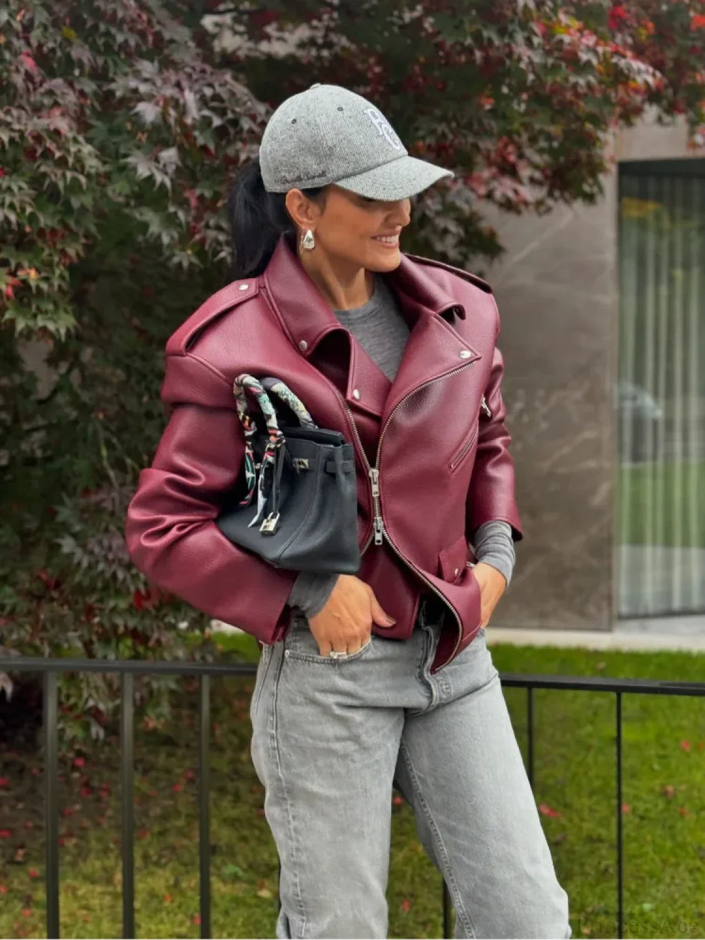 Burgundy Zipper Stand Collar Leather Coat image 3