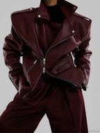 Burgundy Zipper Stand Collar Leather Coat image 5