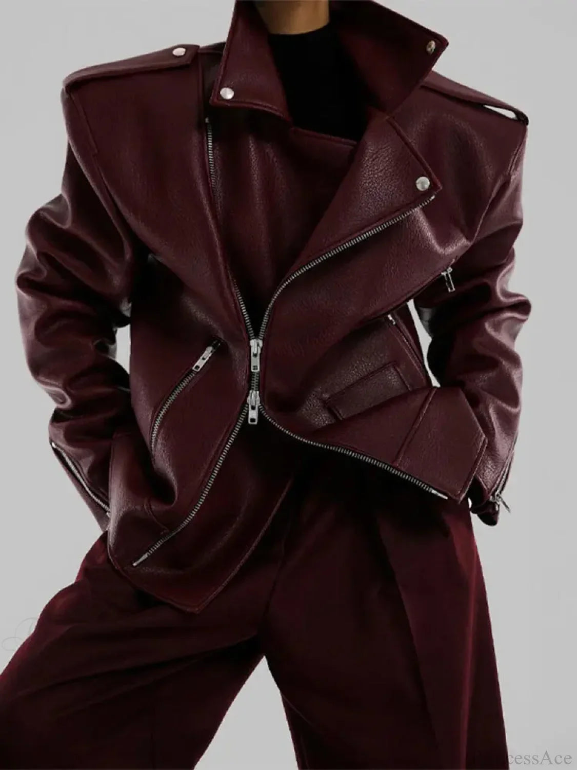 Burgundy Zipper Stand Collar Leather Coat image 5